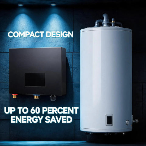 Heavy Duty 27Kw Tankless Water Heater Pumps Out Instant Whole Home Hot Water With Smart Self Regulating Tech shower to sink setup with compact design.