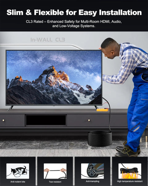 Built Tough Fiber Optic HDMI Cable 33 Ft Long In Wall CL3 Certified, slim and flexible for easy installation under a TV.