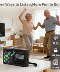 Dope Portable Shortwave Radio With DSP And 12 Bands AM FM SW, Bluetooth playing music in a living room with dancing couple.