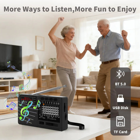 Dope Portable Shortwave Radio With DSP And 12 Bands AM FM SW, Bluetooth playing music in a living room with dancing couple.