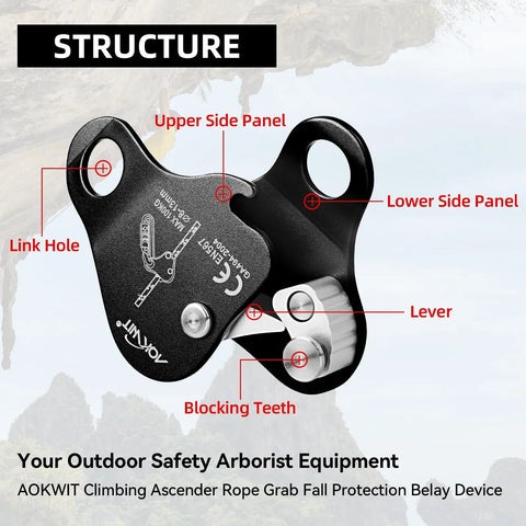 Structural diagram of a climbing ascender rope grab for rock climbing and mountaineering fall protection belay device, made of 7075 aluminum