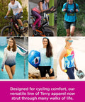Collage of people in activewear, cycling, hiking, and by the pool, showing versatility of Terry apparel for various activities.