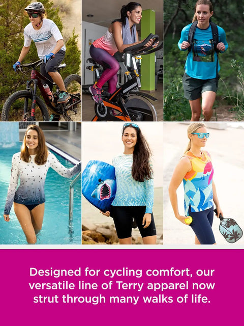 Collage of people in activewear, cycling, hiking, and by the pool, showing versatility of Terry apparel for various activities.