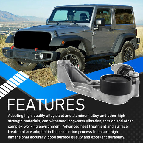 Jeep Wrangler Beefed Up Serpentine Drive Belt Tensioner Pulley Idler Kit For Three Point Six Liter V6 Engines Compatible With 2012 2017 JK And 2018 Wrangler Replaces 4627038AA KIT shown with Jeep in background