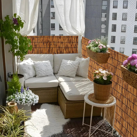 Natural Bamboo Reed Fence 6 Ft High By 16.4 Ft Long Privacy Screen for Balcony and Patio, adding privacy and style