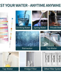Twenty In One Drinking Water Test Strips Fast Home Analysis For PH Hardness Lead Iron Copper Chlorine And Bacteria showing test options for various water sources.