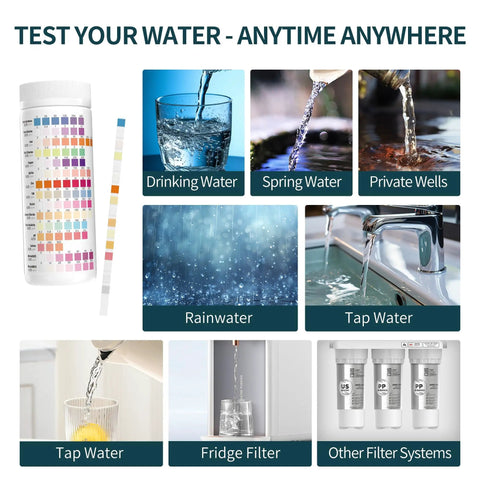 Twenty In One Drinking Water Test Strips Fast Home Analysis For PH Hardness Lead Iron Copper Chlorine And Bacteria showing test options for various water sources.