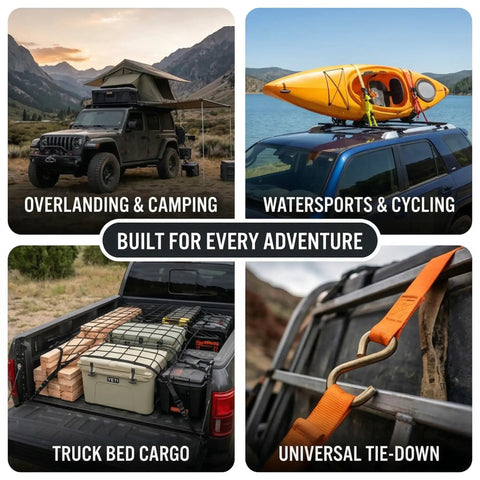 Heavy Duty Black M8 T Track Tie Down Anchors With Thickened Eye Rings And T Slot Bolts Kit on a rooftop for securing kayaks.