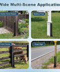 4 Pack Heavy Duty Fence Post Repair Stakes Tough Steel Anchors used in various settings for fence and sign support.