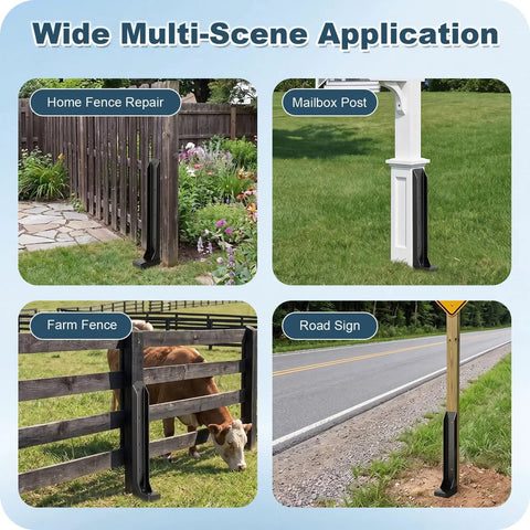 4 Pack Heavy Duty Fence Post Repair Stakes Tough Steel Anchors used in various settings for fence and sign support.