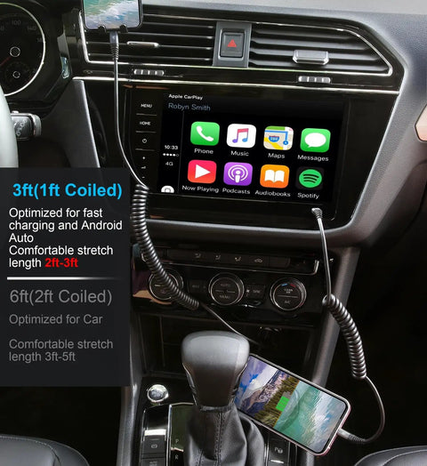 Coiled USB C to Lightning Cable 3Ft 2 Pack for Car Fast Charging in car interior, connected to iPhone with CarPlay.