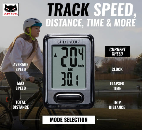 Starter Friendly Wired Bike Computer With Auto Start Stop, displays speed, distance, time, pace arrow on road bike.