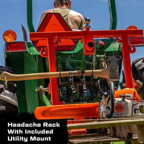 Rear view of six in one tractor attachment with headache rack and utility mount on green tractor