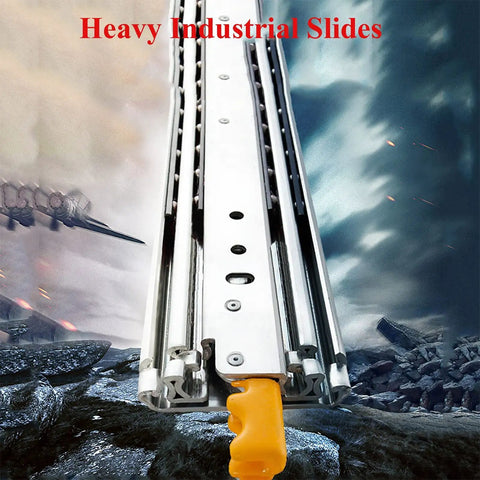 Heavy Duty Three Section Ball Bearing Drawer Slides With Locking Side Mount, showing the smooth metal glide and yellow handle.