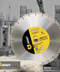 Laser Welded Diamond Blade 16 Inch For Heavy Duty Cutting That Rips Through Reinforced Concrete, Stone, Marble, Granite, Brick, Masonry With 15 Mm Segment Height For Fast, Clean, Precise Cuts displayed against a construction background.