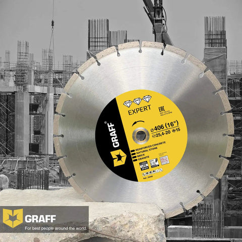 Laser Welded Diamond Blade 16 Inch For Heavy Duty Cutting That Rips Through Reinforced Concrete, Stone, Marble, Granite, Brick, Masonry With 15 Mm Segment Height For Fast, Clean, Precise Cuts displayed against a construction background.