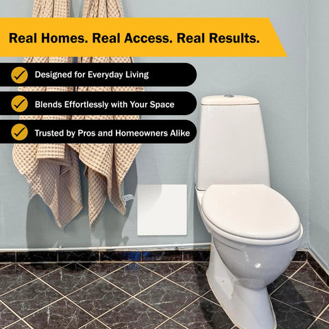 Spring Loaded Adjustable Access Panel Snaps Straight Into 4x4 Through 6x6 Wall Or Ceiling Openings With Zero Sweat And No Drilling Required Paintable Plastic Cover Fits Like A Breeze in bathroom setting near toilet.