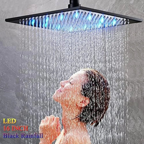No Sweat Thermostatic Shower Faucet Kit With Led Rainfall Head And Handheld Body Massager For A Top Shelf Bathroom Fixture showing a woman under a 16 inch black LED rainfall shower head.