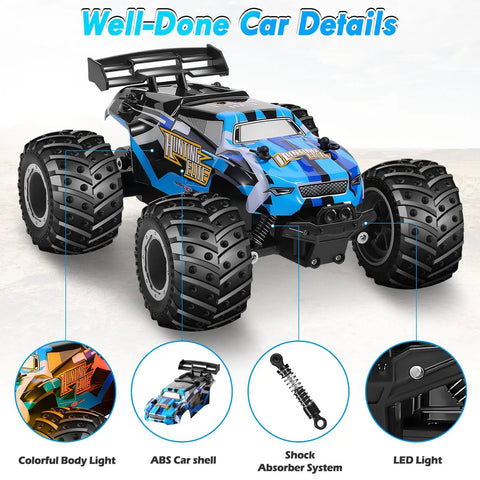 All Terrain 2.4GHz RC Monster Truck With LED Body Lights 20 Kmh Speed Dual Rechargeable Batteries Off Road Toy Car