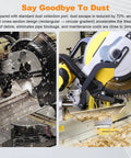 Miter Saw Dust Collection Adapter Five In One Vacuum Connector Delivers Ninety Five Percent Dust Capture With Optimized Airflow Guide Compatible With DWS779 DWS780 shown in operation, capturing sawdust effectively on a saw.