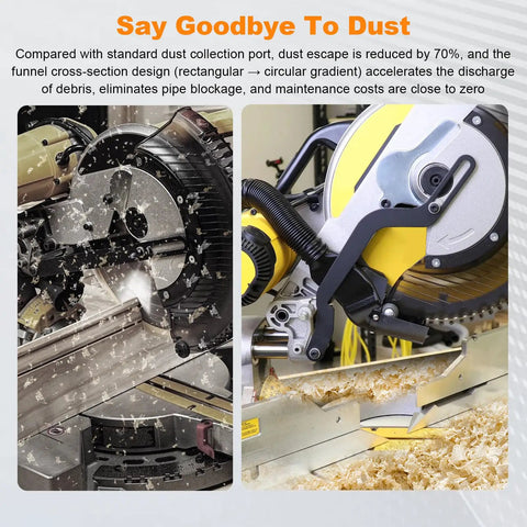 Improved Miter Saw Dust Collection Adapter With Five-In-One Vacuum Connector attached to saw, capturing wood dust effectively.