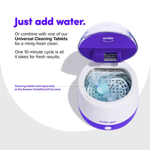 Ultra Deep Clean Ultrasonic And UV Dental Appliance Cleaner For Aligners, Retainers, Dentures, Mouthguards, Toothbrush Heads And More With Dual Cleaning Tech For A Fresh, Odor Free Smile, purple countertop unit with open lid