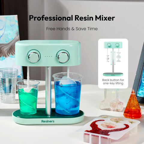 Dual Head Resin Mixer Rechargeable Epoxy Mixer With Stepless Speed For Minimal Bubbles Electric Spiral Paddle Silicone Resin Tools For Paint Mixing Soap Making Resin Art Craft Projects And DIY Patented shown mixing resin cups