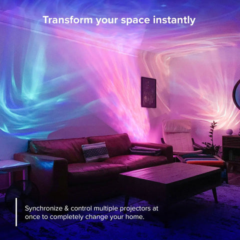 LED Aurora Projector With Northern Lights Vibe WiFi App Control illuminating living room with colorful aurora effects.