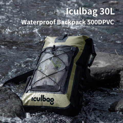 Roll-Top Waterproof Dry Bag Backpack 30L/40L for Travel, Kayaking, Boating, Beach, Hiking and Camping lying on wet rocks.