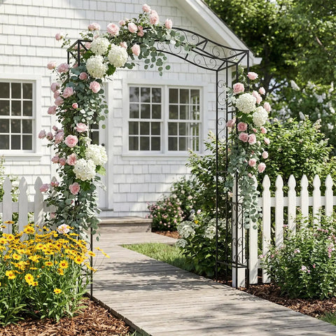 Metal Garden Arch Trellis For Climbing Plants, Durable Iron Garden Arbor With Long Ground Stakes in garden setting