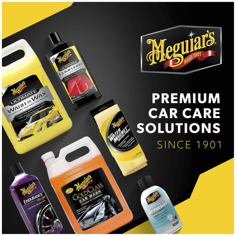 Various Meguiar's premium car care products display including wash, wax, and detail spray bottles.