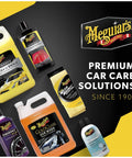 Selection of Meguiar's car care products including car wash, wax, and tire gel, displayed against a black and yellow background.