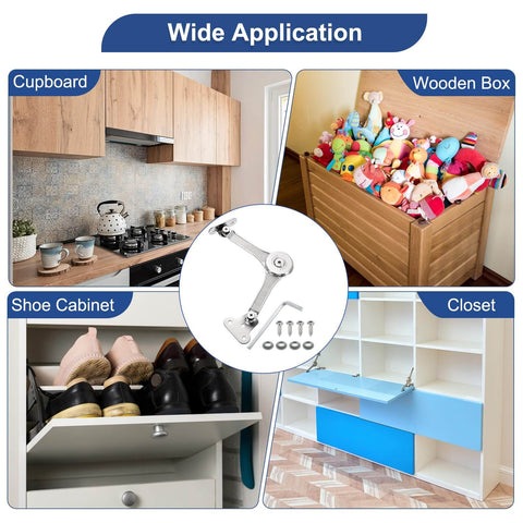 Heavy Duty Soft Close Lid Support Hinges Set 4 Pack, Adjustable 200 220N Gas Struts shown in cupboard, toy box, shoe cabinet, closet
