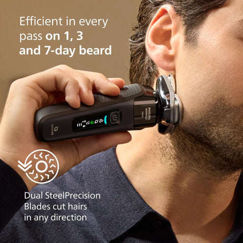 Wet And Dry Electric Shaver With SenseIQ Technology For A No Nonsense Close Shave And Skin Comfort, Triple Lift And Cut System For Tough Areas, 360 Rotating Dual Steel Precision Blades, Nose Trimmer, Model X9000 90 shaving side profile on beard