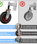 Comparison of two gate caster wheels, highlighting high carbon steel bearings on the left, versus low-quality bearings on the right.
