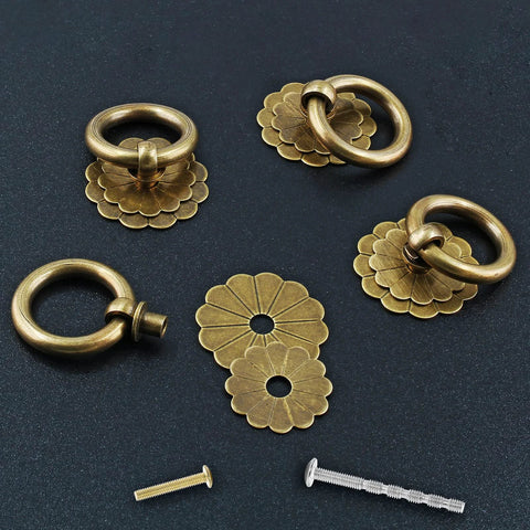 Four Pack Bronze Metal Ring Pull Handles for Cabinets and Drawers 1.2 Inch Diameter Circle Cabinet Knobs with Dual Mounting Screws
