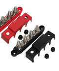 Heavy Duty 3/8 Inch 4 Stud Bus Bar Power Distribution Block Built Like A Tank With Nickel Plated Brass Contacts For Marine 12 Volt Battery Terminals And Ground Wiring, black and red units with detachable covers