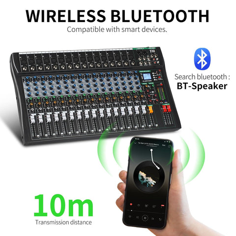 Sixteen Channel Audio Mixer Pro for PC Studio and Live DJ Setup with Bluetooth in wireless mode with smartphone connection.