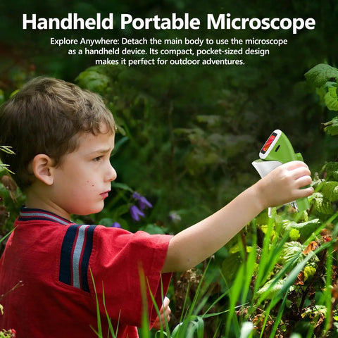 Handheld Digital Microscope With Screen 4K Clarity 1000X Magnification Kid Friendly Awesome STEM Science Kit Gift Toys For Curious Young Scientists Aged 5 And Up, child using green handheld digital microscope outdoors
