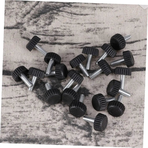 20 Pc Adjustable Furniture Feet With Threaded Plastic Glides No Sweat Setup showing silver steel cores with black plastic tops.