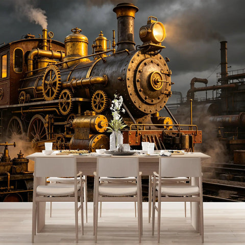 Custom Size Wall Murals Vintage Steam Locomotive Industrial Oil Painting Retro Train Engine Factory Scene Self Adhesive