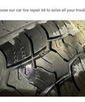 Close-up of a tire showing wear, ideal for testing Pack Of 90 Tire Repair Kit With Plugs And Screwdriver, Do It Yourself Flat Tire Fix.