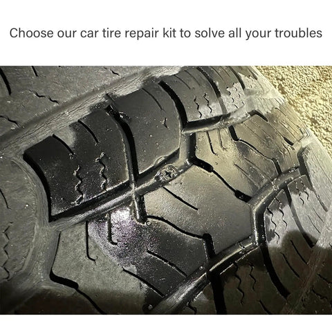 Close-up of a tire showing wear, ideal for testing Pack Of 90 Tire Repair Kit With Plugs And Screwdriver, Do It Yourself Flat Tire Fix.
