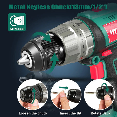 Cordless Hammer Drill Driver 20V With Side Handle And 400 Inch Lbs Torque Half Inch Metal Chuck 21 And 3 Clutch Settings