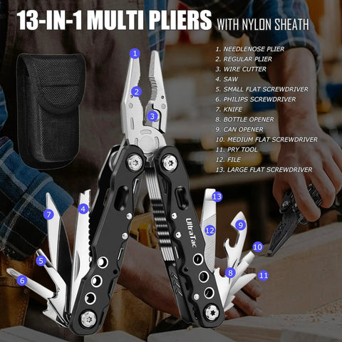 Military Grade Multitool Gift Set For Men, Grab And Go Survival Kit For Car Emergencies, Pocket EDC Tool with nylon sheath, stainless steel.