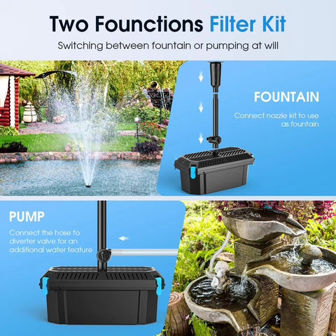 All In One Pond Filter With Pump And Fountain Kit 660GPH 40W Pond Pump shown with fountain and pump features