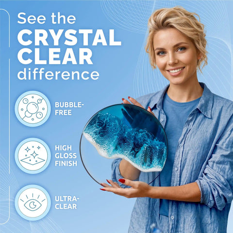Woman holding art piece showcasing Crystal Clear Epoxy Resin Kit 34 Oz For DIYers Art Wood Jewelry Coasters Molds Self Leveling UV Resistant.