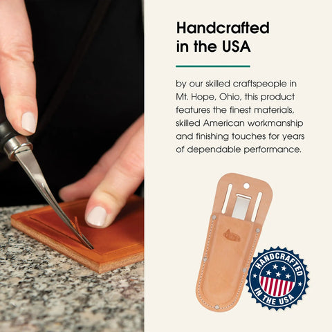 Top Grain Leather Arborist Pruner Pouch with belt clip and slot being handcrafted in the USA, shown with leatherwork.