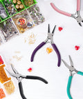 4 Piece Jewelry Pliers Set For Beading And Jewelry Making Including Needle Nose Pliers, Round Nose Pliers, Bent Nose Pliers And Wire Cutter Handy Tools Kit For Bracelet Craft, Wire Wrapping, And DIY Jewelry on tabletop with beads