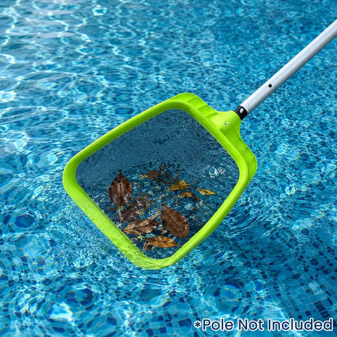 Heavy Duty Pool Skimmer Net With Reinforced Frame And Nylon Flat Leaf Rake collecting leaves in water, Pole Not Included.